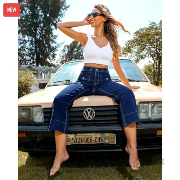 High Waisted Wide Leg Cropped Jeans Stretchy Denim Retro Patch Pockets